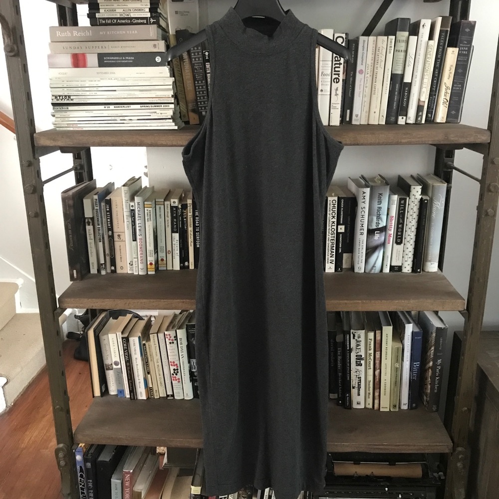 Sleeveless Midi Dress in Charcoal Gray - Minimal Mock Neck
